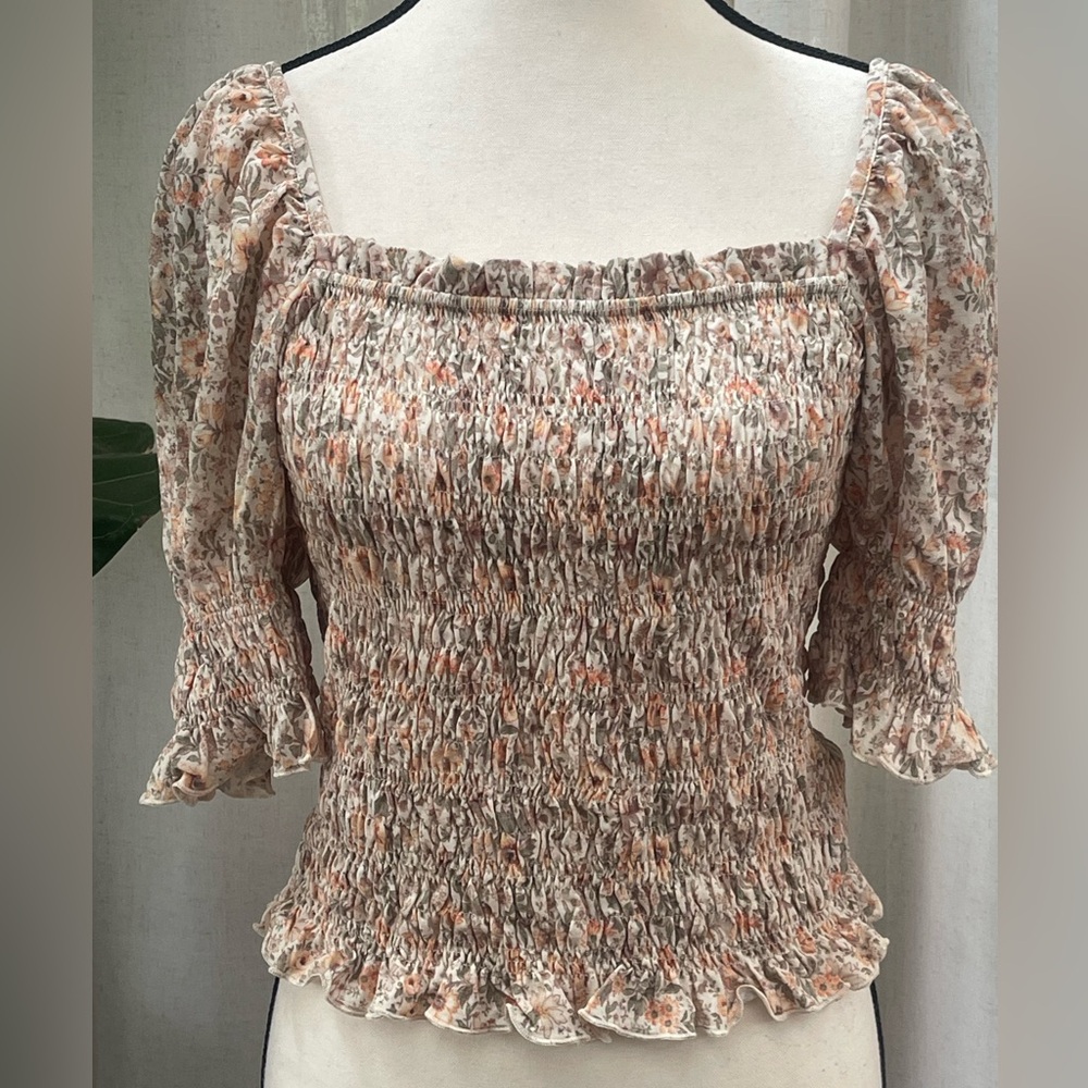NEW & Other Stories Pink Tan Smocked Ruffled Blouse with 3/4 Sleeves